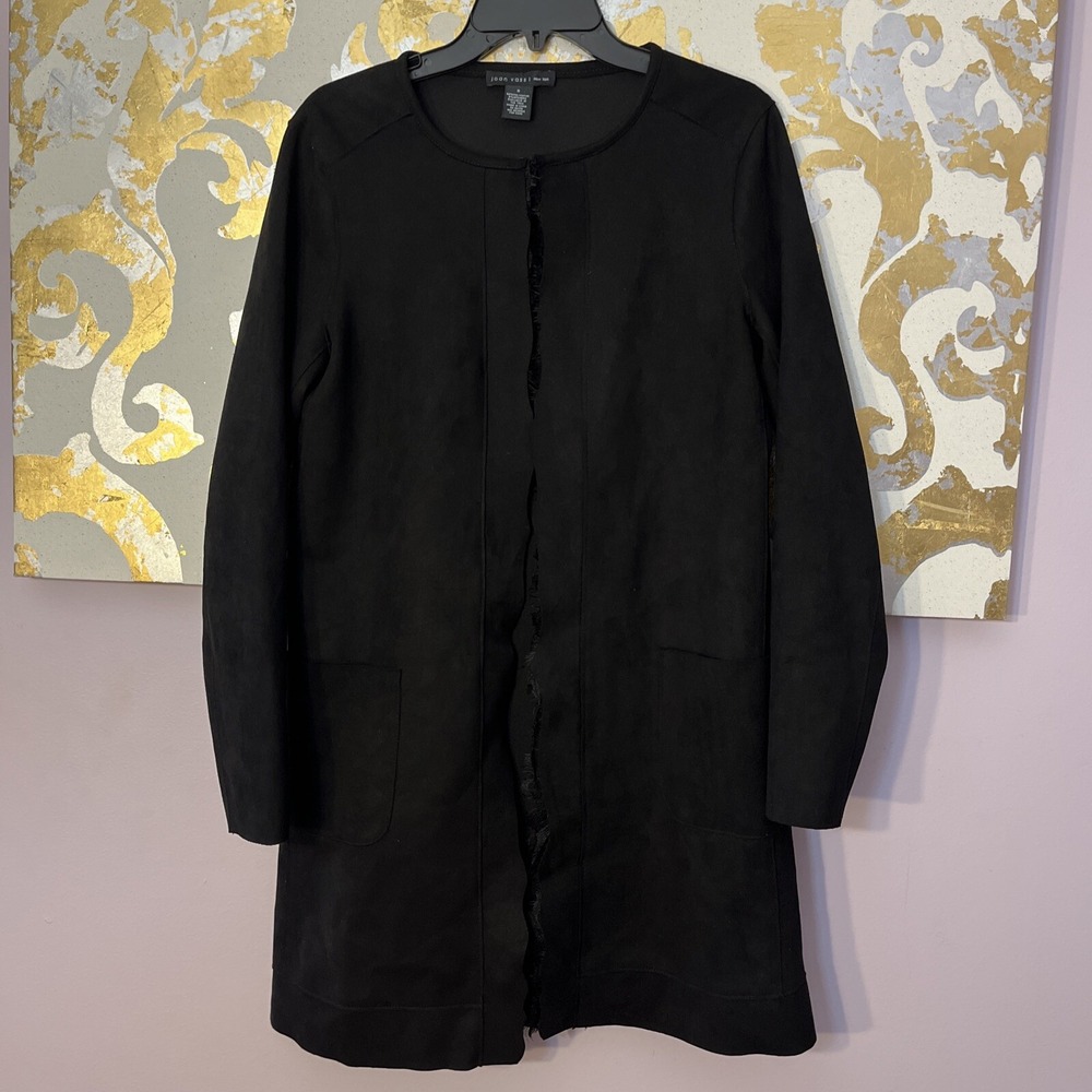 Joan‎ Vass Size Small Black Faux Suede Jacket With Pockets & Lace Trim
